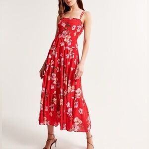 Abercrombie & Fitch Women’s Smocked Bodice Red Floral Maxi Dress Size SP